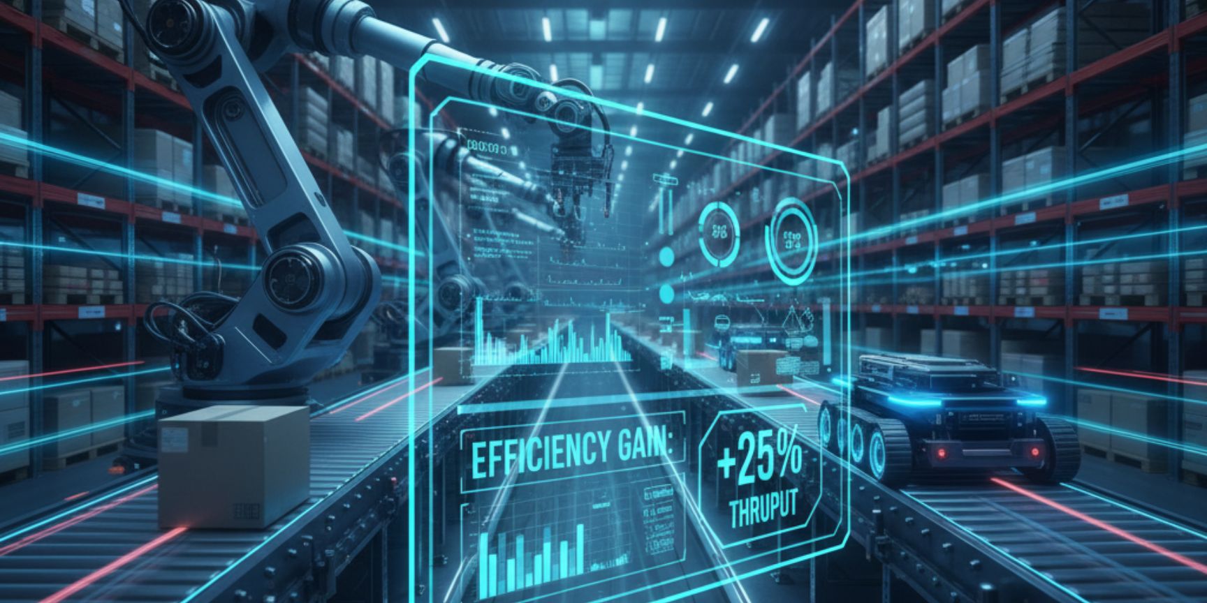 A technological warehouse with a robotic arm placing a package on a conveyor belt while an autonomous vehicle drives in the background. In the foreground is a holographic display with logistics data and diagrams that shows an 
